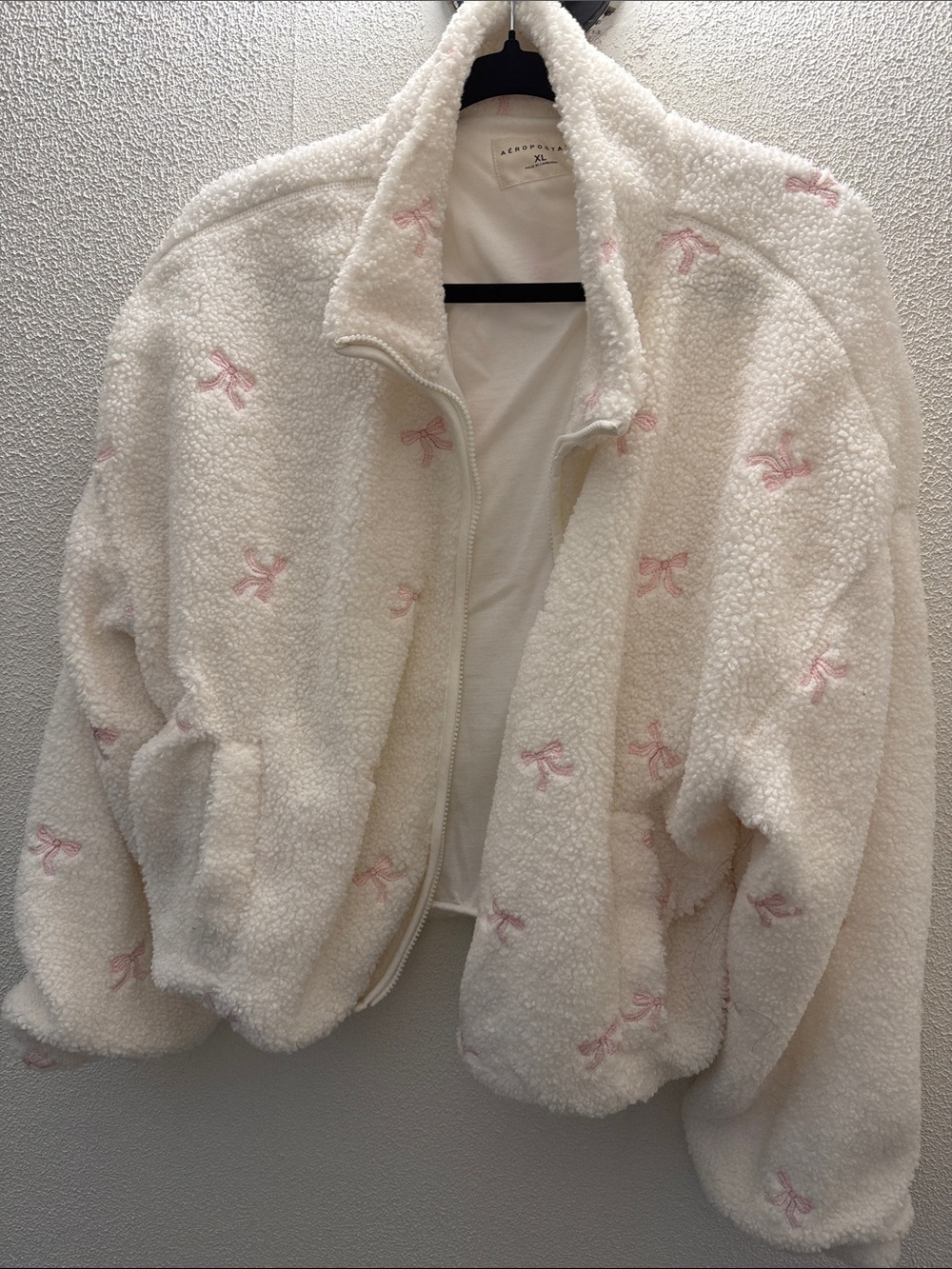 Aeropostale Cream Sherpa Zip Jacket with Pink Bow Accents